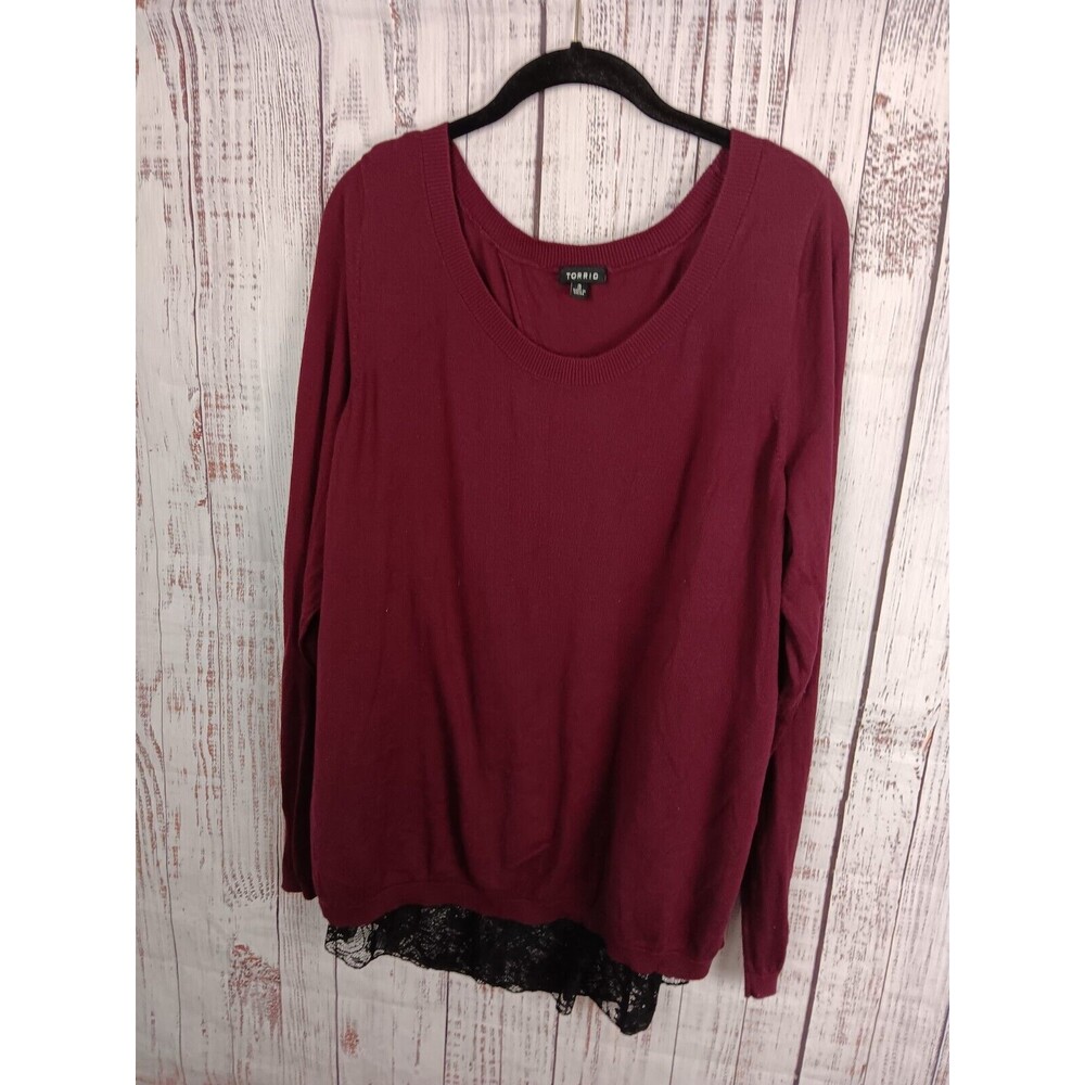 Torrid Tunic Top Women's 3 Red Lace Inset Hem Round Neck Pullover Burgandy